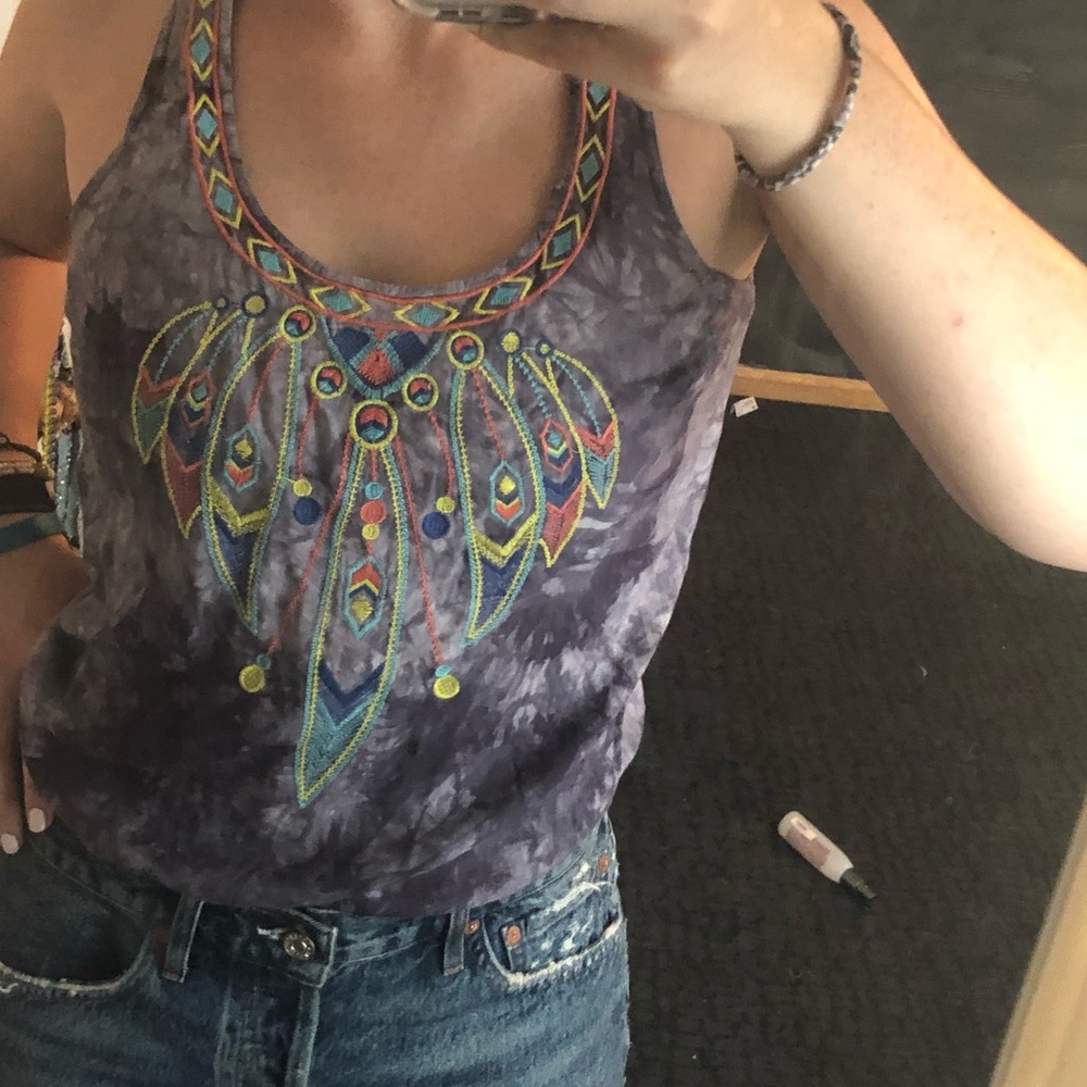 Purple tie dye tank with feather stitching size S